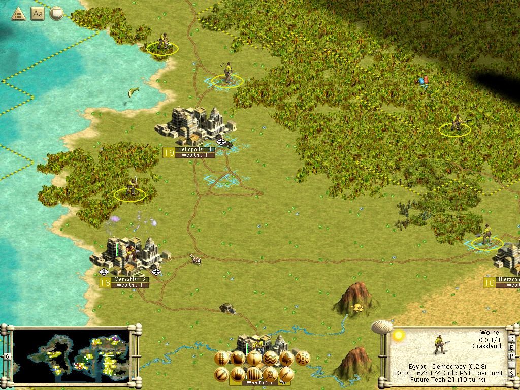 Sid Meier's Civilization III (Windows) screenshot: Three of the largest cities, with a vast road network.