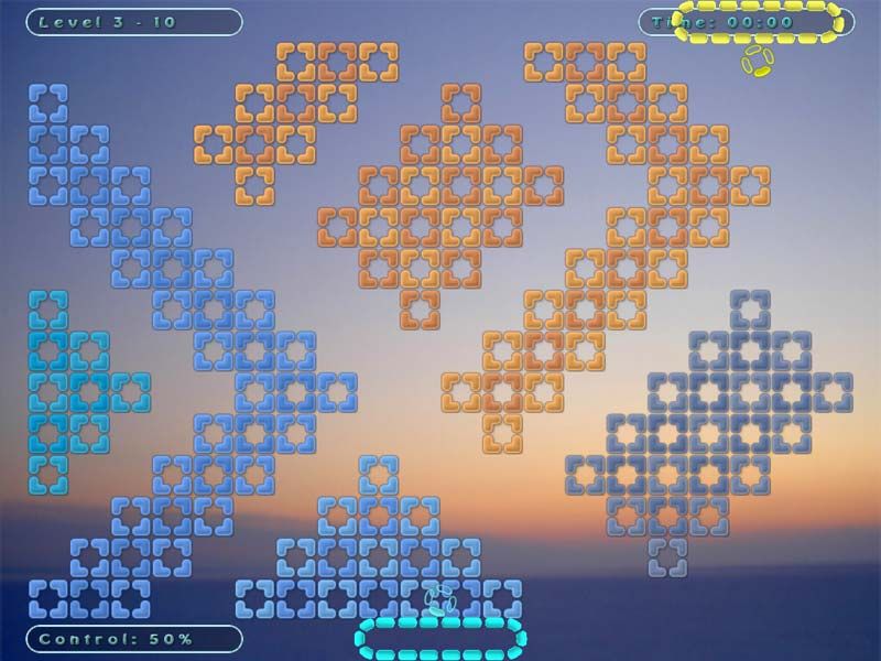 Twinxoid (Windows) screenshot: The start point of the 3 level of the 10 stage with start configuration of it. Opponents share the game field at 50% for each other. It shows in the CONTROL indicator in left bottom corner.