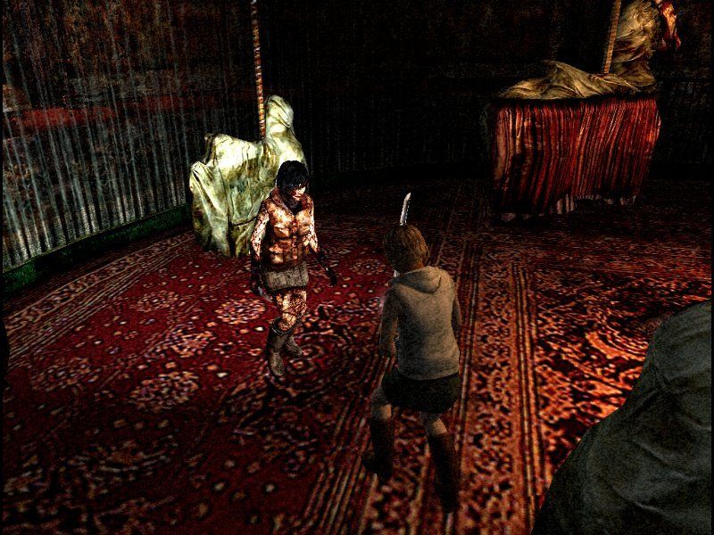 Silent Hill 3 (Windows) screenshot: How do you give a blonde girl the scare of her life? Put her against her own dark self ÂÂwith her REAL hair color! Eeeeeeeeeek!