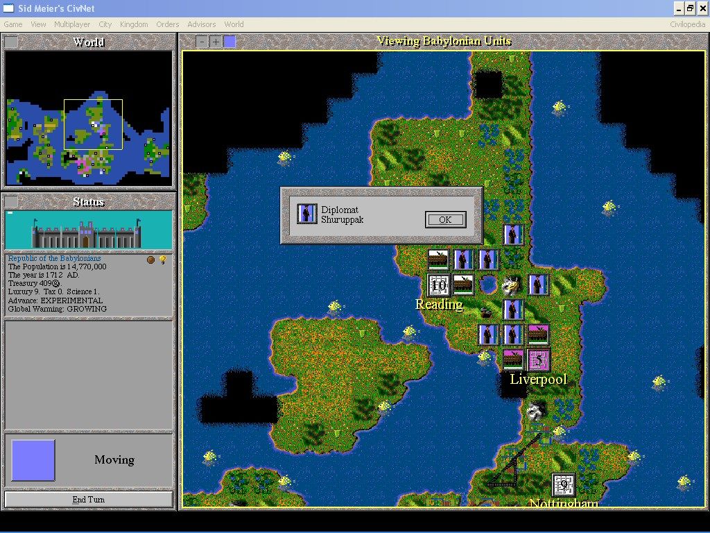 Sid Meier's CivNet (Windows 3.x) screenshot: Diplomatic 'Spam' attack on 'Reading'