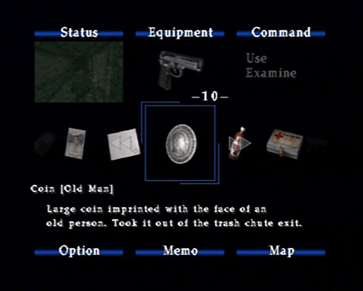 Silent Hill 2 (PlayStation 2) screenshot: Browsing through your inventory. This is also the screen which shows your health, where you can change ingame options, look at the map,...