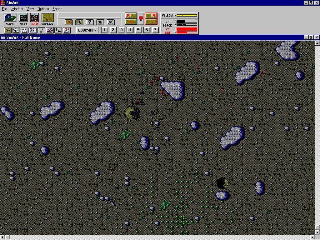 SimAnt (Windows 3.x) screenshot: The red ants are attacking