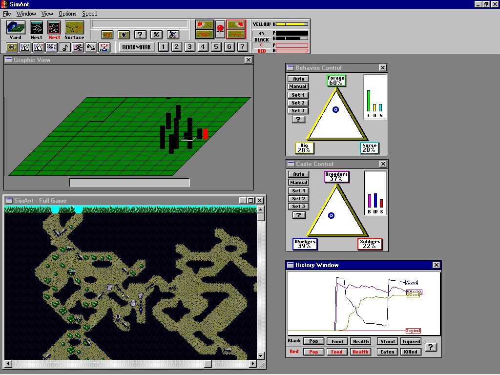 SimAnt (Windows 16-bit) screenshot: View several important windows simultaneously