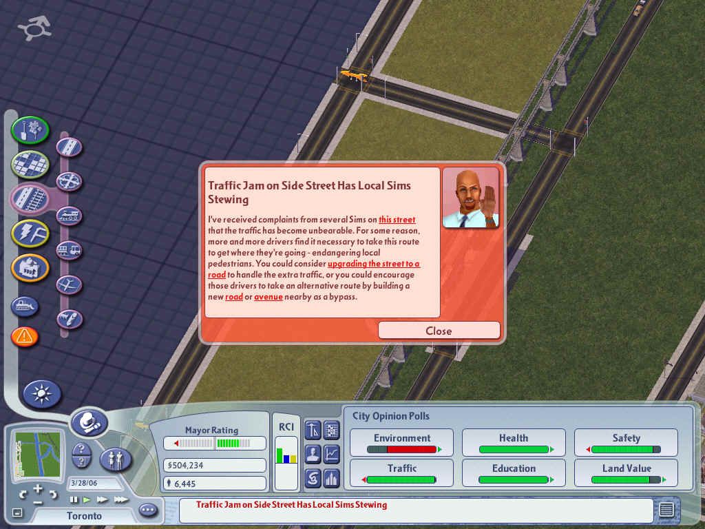 SimCity 4: Rush Hour (Windows) screenshot: When your roads start getting bogged down, you're advisor will tell you and help you solve the problem.