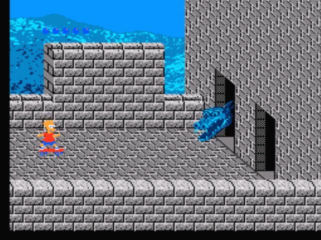 The Simpsons: Bart vs. the World (NES) screenshot: Bart skateboarding on the Chinese wall. Dragons everywhere...