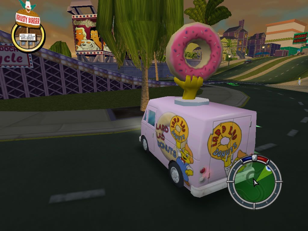 The Simpsons: Hit & Run (Windows) screenshot: Each level unlocks a new array of vehicles, such as this donut car.