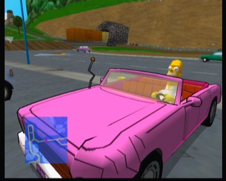 The Simpsons: Road Rage (Xbox) screenshot: Hey, is that a scratch on my car or just some artwork pun!?