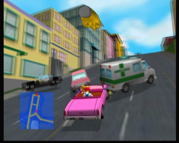 The Simpsons: Road Rage (Xbox) screenshot: With Homer's driving it is always good to have ambulance nearby.