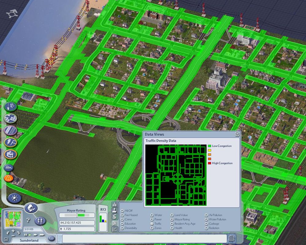 SimCity 4 (Windows) screenshot: The traffic overlay tells you how congested (busy) you're roads are.