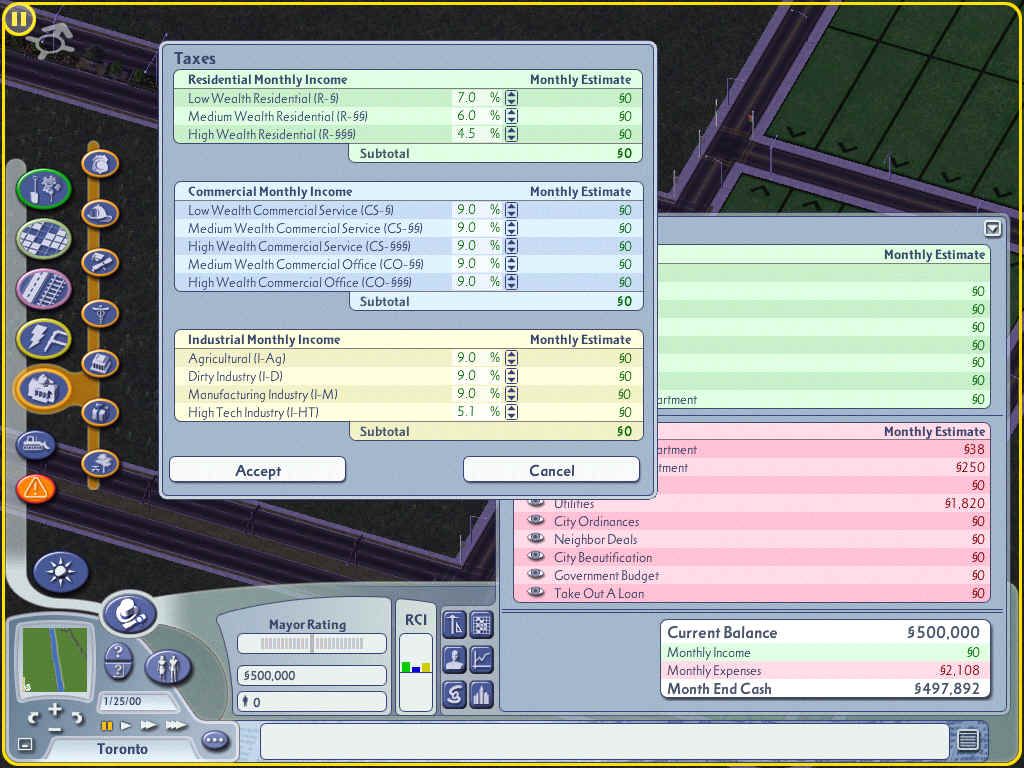 SimCity 4: Rush Hour (Windows) screenshot: The tax sheet has been expanded and improved.