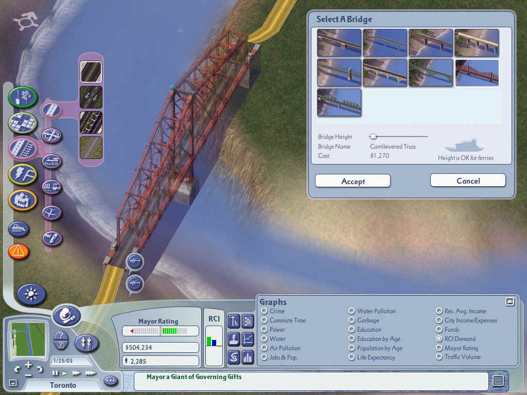 SimCity 4: Rush Hour (Windows) screenshot: When building a bridge, you can choose what style you want it to be.