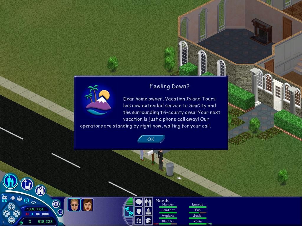 The Sims: Vacation (Windows) screenshot: Feeling down? Then call Vacation Island!