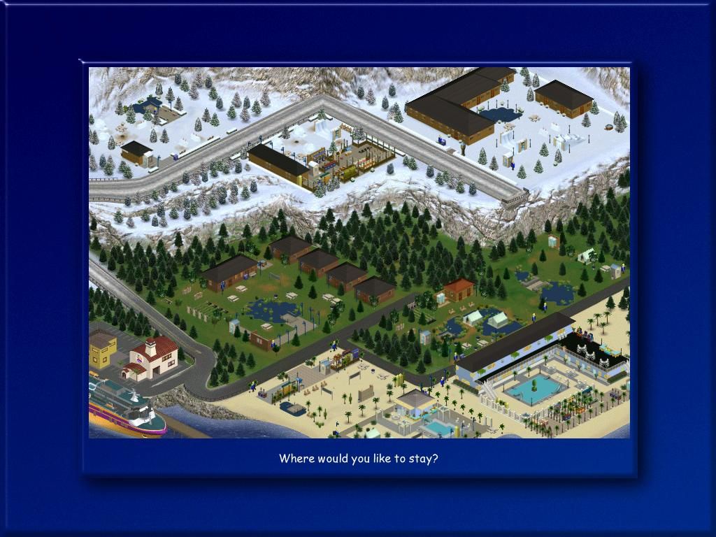 The Sims: Vacation (Windows) screenshot: The three top spots are Winter areas; the three middle are Forest areas; the three bottom are Beach areas.