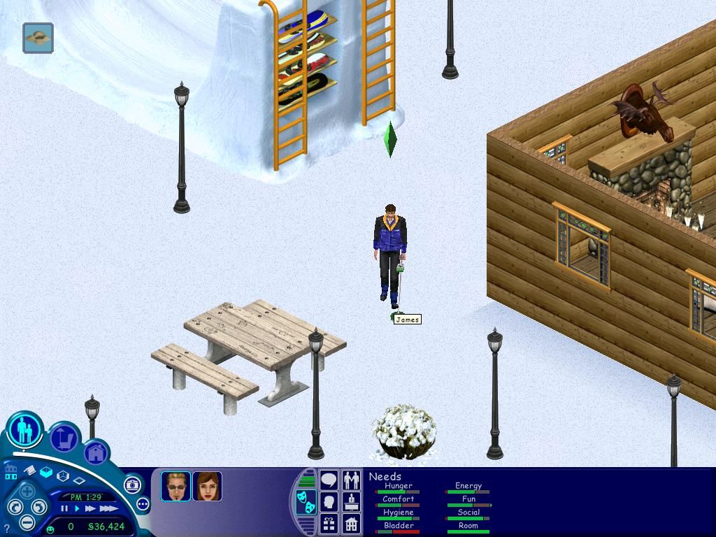 The Sims: Vacation (Windows) screenshot: James is using a metal dectector, looking to find money or treasure.