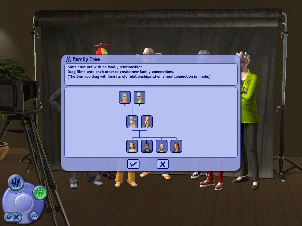 The Sims 2 (Windows) screenshot: You can customize the family tree by dragging and dropping the pictures.