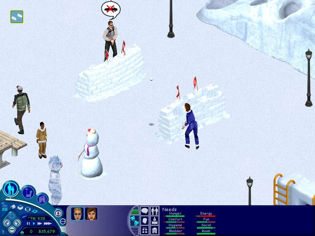 The Sims: Vacation (Windows) screenshot: Two Sims are having a snowball fight while talking about cars.