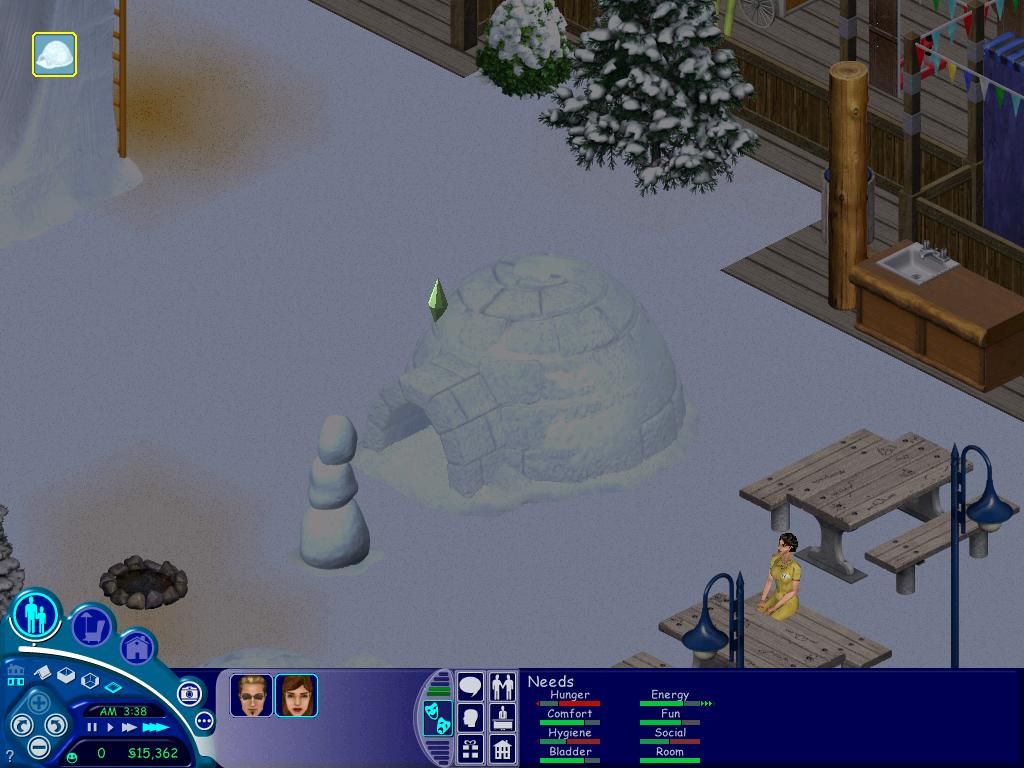 The Sims: Vacation (Windows) screenshot: Instead of a hotel, you can rent an igloo (or a tent in the forest).
