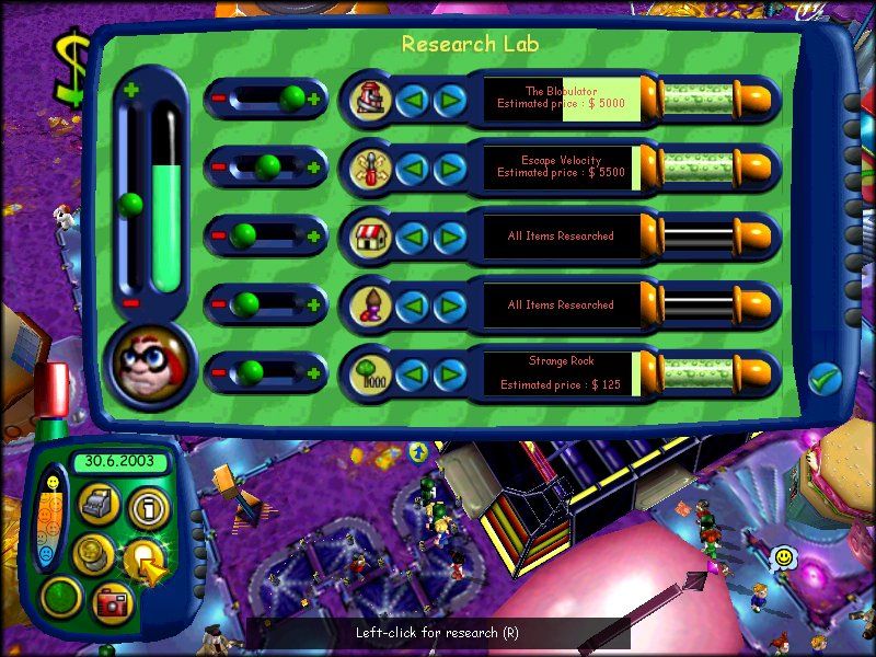 Sim Theme Park (Windows) screenshot: ...And by researching new ones