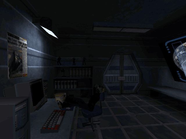 SiN (Windows) screenshot: My pal sleeping at his desk