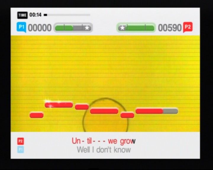 SingStar: Party (PlayStation 2) screenshot: When two players are singing, the red/blue color will identify who's turn is it, and the score will increase accordingly