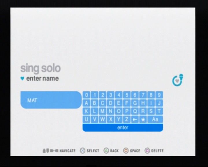 SingStar: Party (PlayStation 2) screenshot: You may enter your name under which you'll be known on charts and to enable autosave option