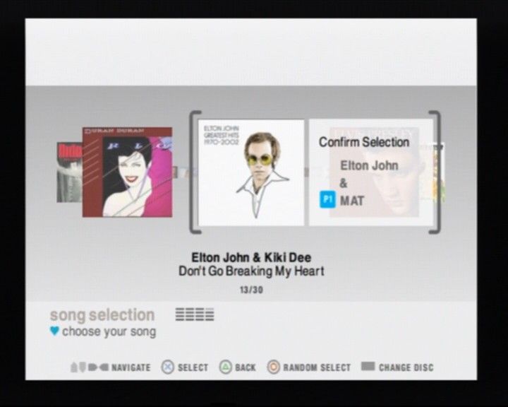 SingStar: Party (PlayStation 2) screenshot: I dunno about Kiki Dee, but this duet is going to be sang by Elton John and MAT, apparently