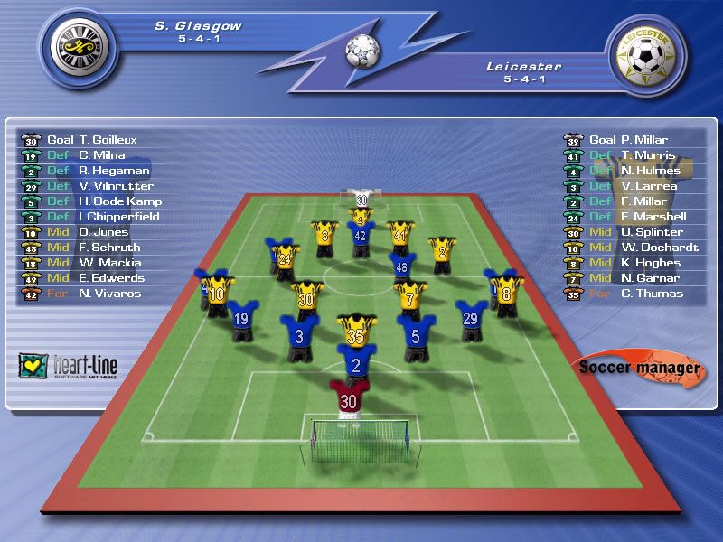 Soccer Manager (Windows) screenshot: Match-up screen