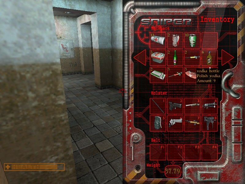 Sniper: Path of Vengeance (Windows) screenshot: The inventory allows quick access to your collection of drugs, band-aids, and tasty snacks.