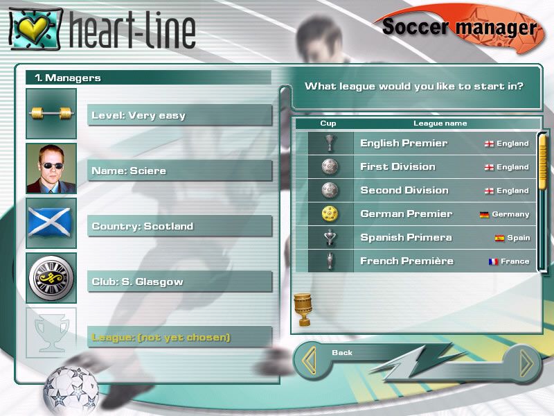 Soccer Manager (Windows) screenshot: Starting a new career as a manager. Only a few countries' leagues are available.