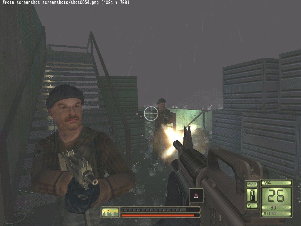 Soldier of Fortune II: Double Helix (Windows) screenshot: Fighting some salty sailors on the deck of a cargo ship. I'm slaying in the rain, just slaying in the rain...