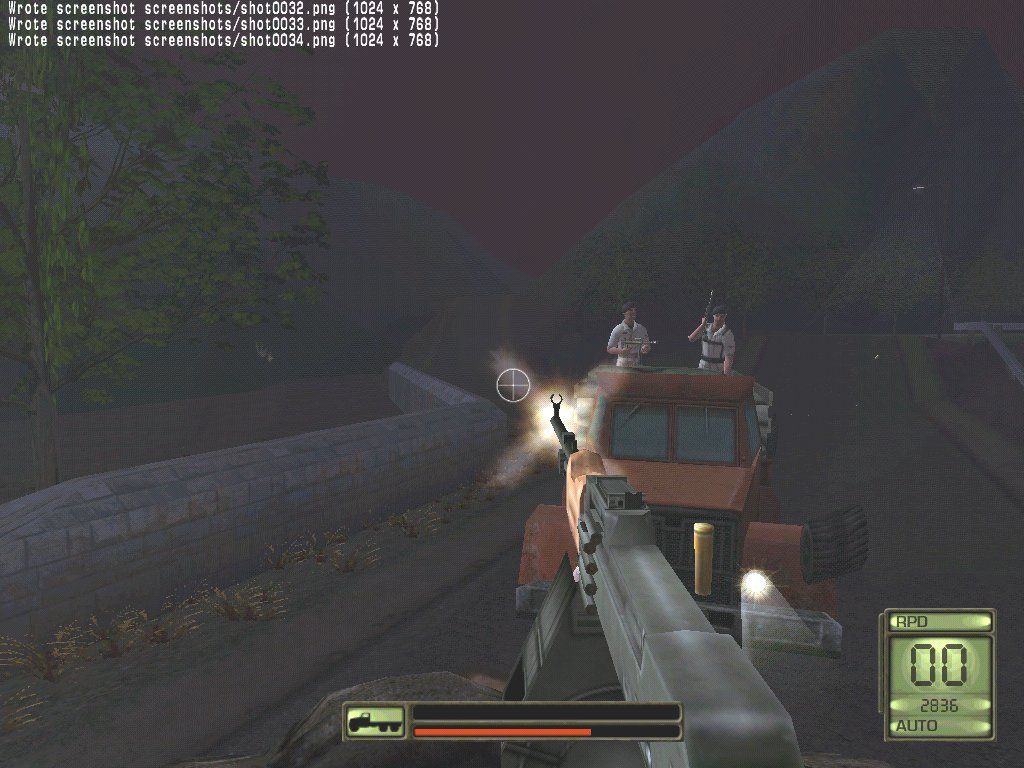 Soldier of Fortune II: Double Helix (Windows) screenshot: A lovely drive through the Prague countryside is rudely interrupted by several trucks full of ticked-off Soviets