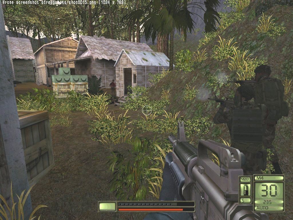 Soldier of Fortune II: Double Helix (Windows) screenshot: Mullins assists a team of U.S. Marines in clearing out a Columbian rebel encampment