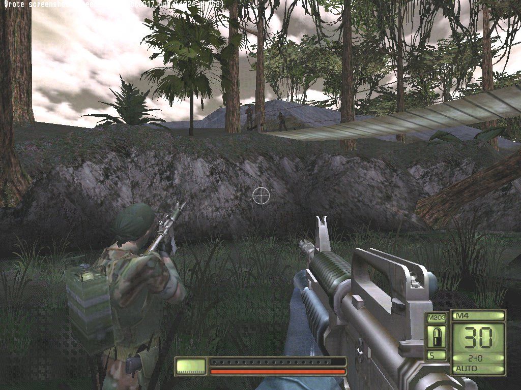 Soldier of Fortune II: Double Helix (Windows) screenshot: Fighting rebels in the Columbian swamps. The Columbian missions are graphically lush, but take a serious hit on your system hardware