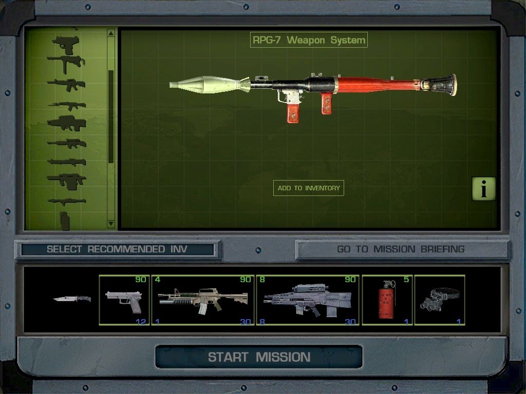 Soldier of Fortune II: Double Helix - Gold Edition (Windows) screenshot: Pre-mission weapon selection screen. Pick your favorite tools of destruction.