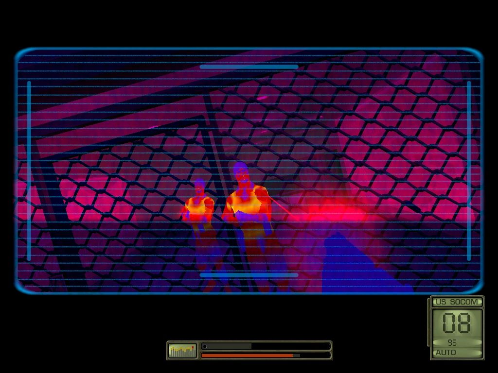 Soldier of Fortune II: Double Helix - Gold Edition (Windows) screenshot: In the darkness, thermo goggles help tell foes from furtinure.