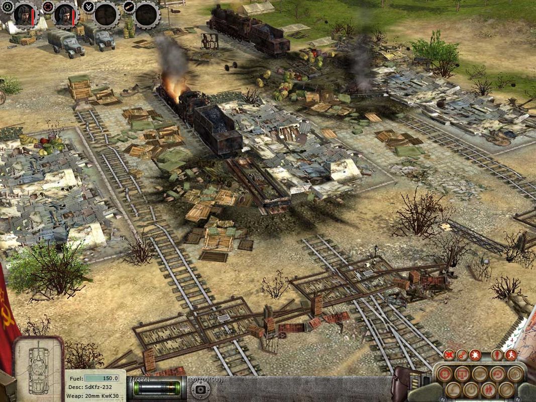 Soldiers: Heroes of World War II (Windows) screenshot: An example of the destructible terrain, final shot. The chain reaction has leveled the depot.