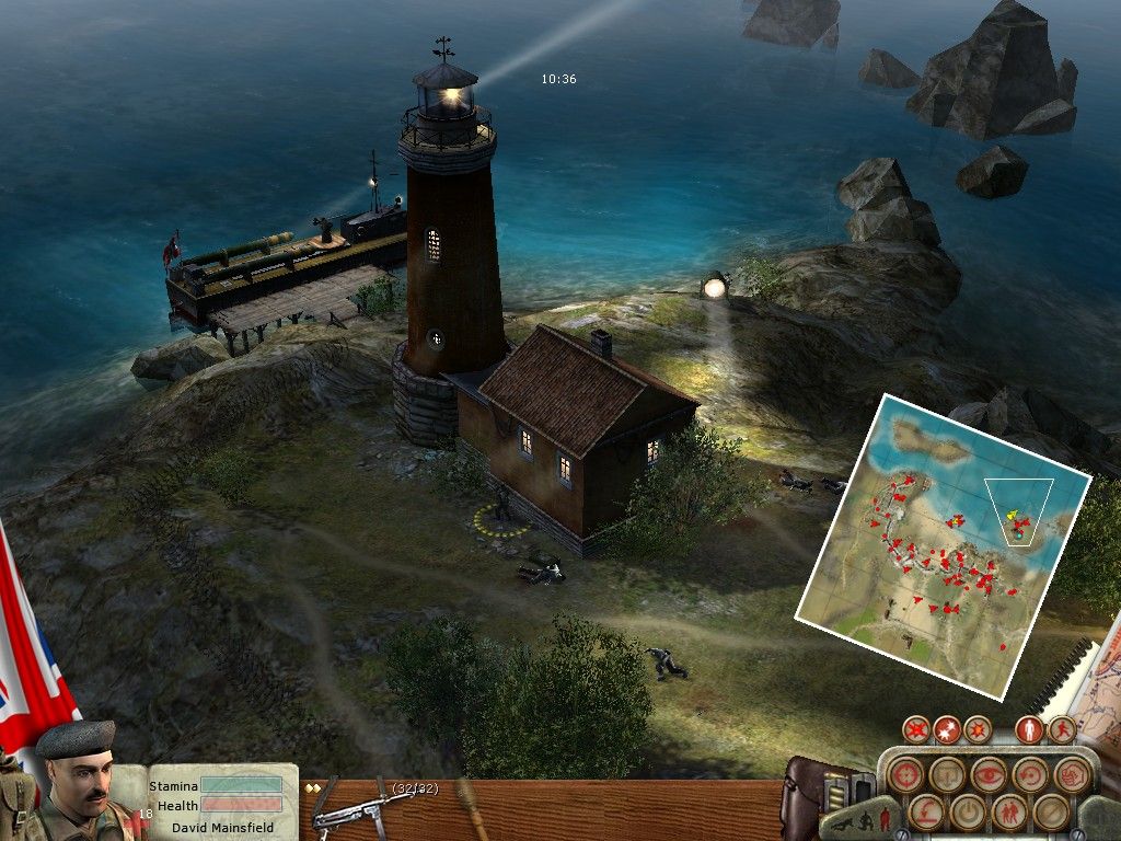 Soldiers: Heroes of World War II (Windows) screenshot: Sneaking behind the lighthouse, gotta find a way to steal that gunboat and put those torpedoes to a good use