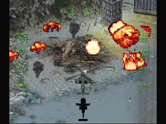 Soviet Strike (SEGA Saturn) screenshot: Shooting helicopters is easy when they are on the ground.