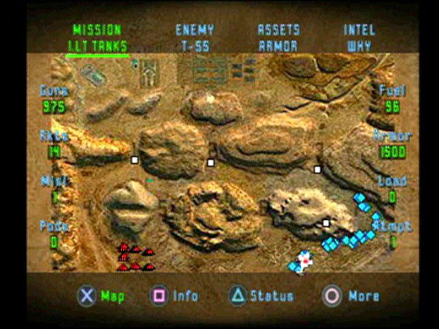 Soviet Strike (PlayStation) screenshot: The "SMFD" (Super Multi-Functional Display) contains all the information necessary to carry out missions.