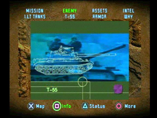 Soviet Strike (PlayStation) screenshot: In addition to text, videos can be brought up for enemy and mission data.