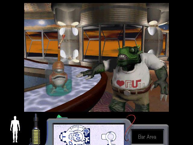 The Space Bar (Windows) screenshot: Entering the bar. Talking to Fleebix and Thud - probably the first alien patrons you'll meet in the game
