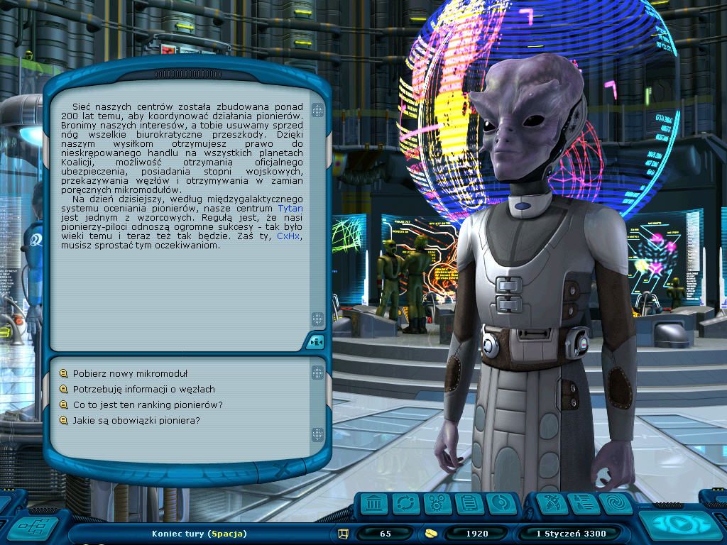 Space Rangers 2: Dominators (Windows) screenshot: Alien adviser gives you details about current situation in the universe.