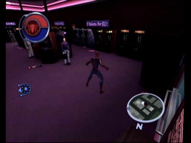 Spider-Man 2 (Xbox) screenshot: An arcade. Wonder if I can play some games.