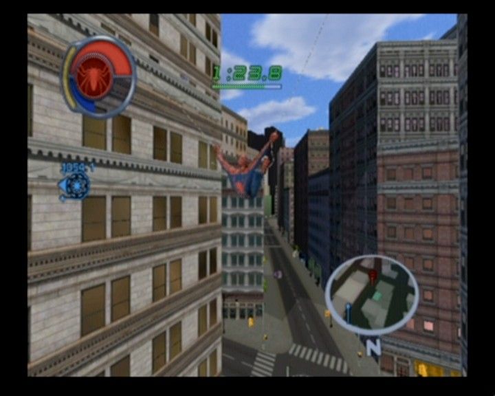 Spider-Man 2 (GameCube) screenshot: You can use double-net to catapult yourself to move quickly at larger distances.