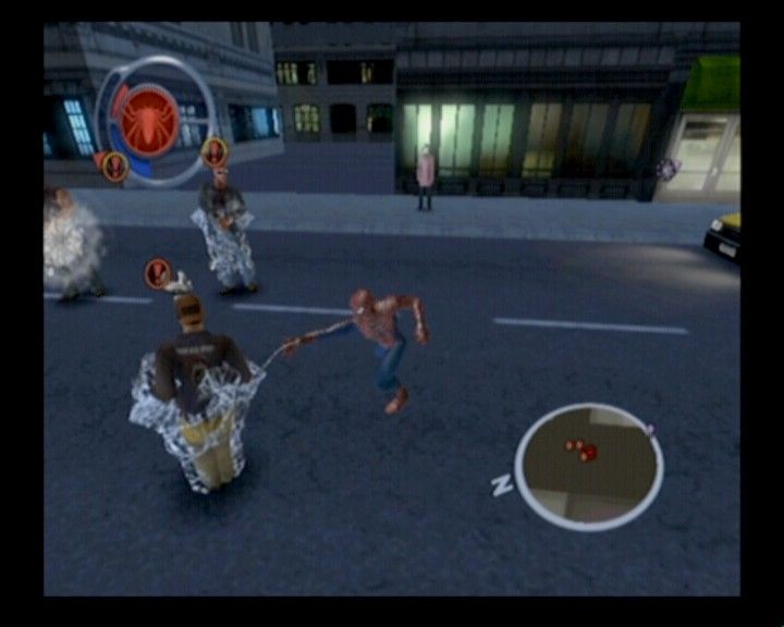 Spider-Man 2 (GameCube) screenshot: Use your web to tie enemies when surrounded and concentrate on single target.