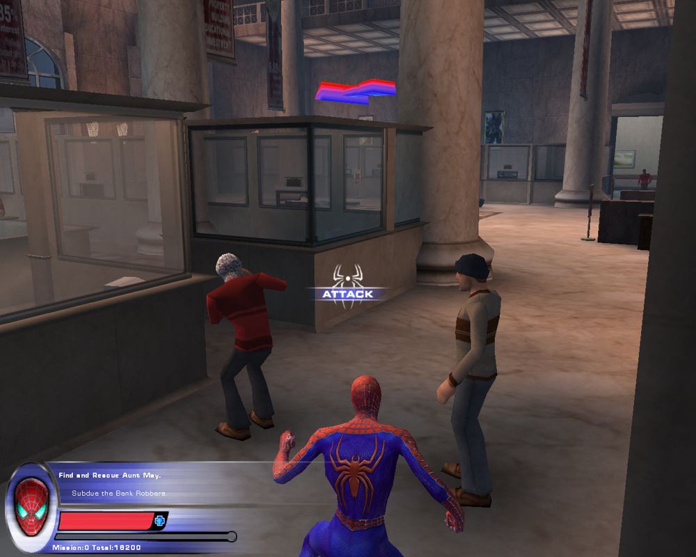 Spider-Man 2: The Game (Windows) screenshot: Subdue the bank robbers.