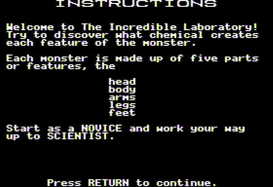 The Incredible Laboratory (Apple II) screenshot: Instructions