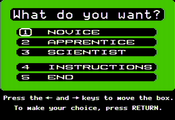 The Incredible Laboratory (Apple II) screenshot: Main Menu