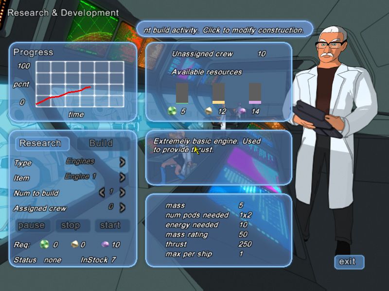Starscape (Windows) screenshot: Building and Research menu