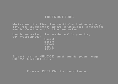 The Incredible Laboratory (Commodore 64) screenshot: Instructions